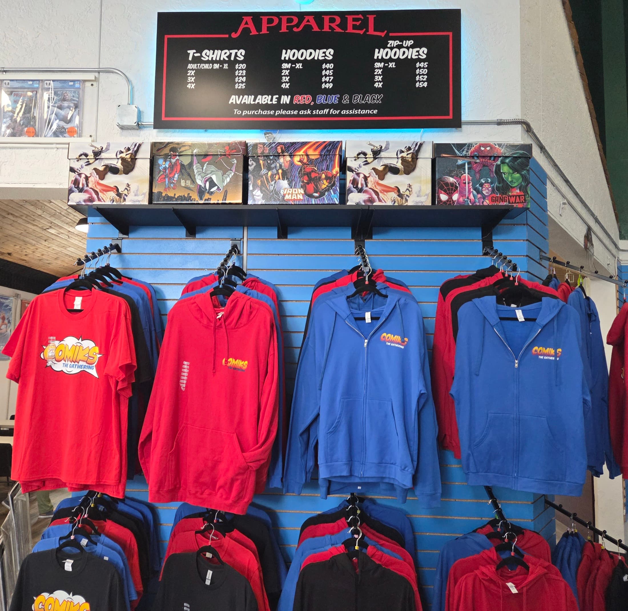 Comiks The Gathering apparel display